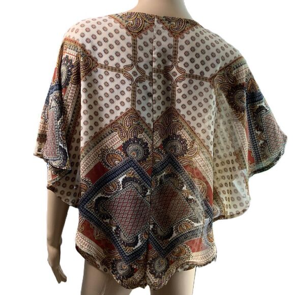 Roz & Ali Brown Patterned Keyhole Neckline Poncho Blouse Size Petite Medium - Picture 6 of 14